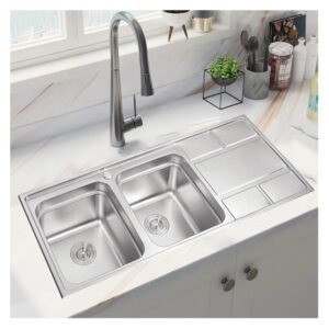 DBSD06 (1) Rectangular Double Bowl Single Drain Stainless Steel Sink (Grid Design - Drainage Kit Included)