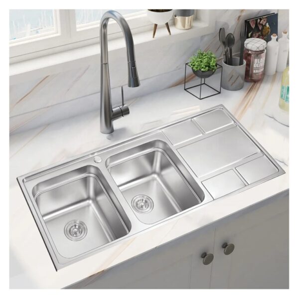 Rectangular Double Bowl Single Drain Stainless Steel Sink (Grid Design - Drainage Kit Included)