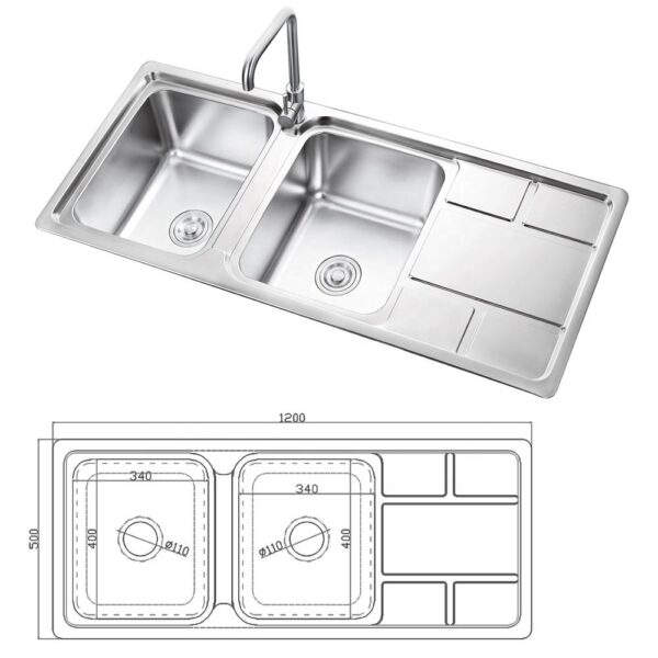Rectangular Double Bowl Single Drain Stainless Steel Sink (Grid Design - Drainage Kit Included)