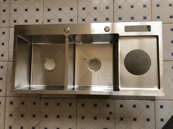 Rectangular Double Bowl with Side Bin, Knife Holder, and Soap Dispenser (Drainage Kit Included)