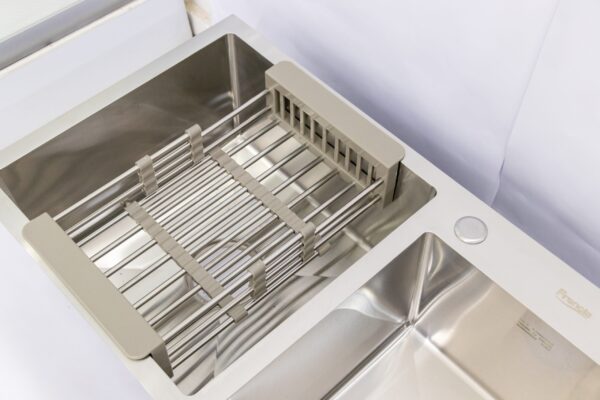 Rectangular Double Bowl with Accessory Slots and Drying Rack (Satin Stainless Finish)