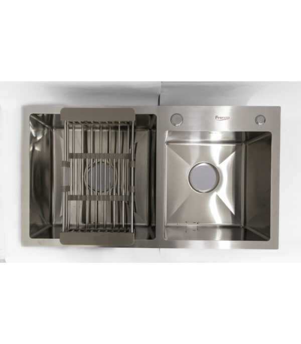 Rectangular Double Bowl with Accessory Slots and Drying Rack (Satin Stainless Finish)