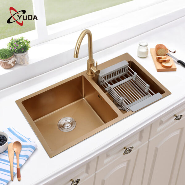 H0264b48891654a9dbb9da65015e4e472Q Rectangular Double Bowl with Accessory Slots and Drying Rack (Gold Finish)