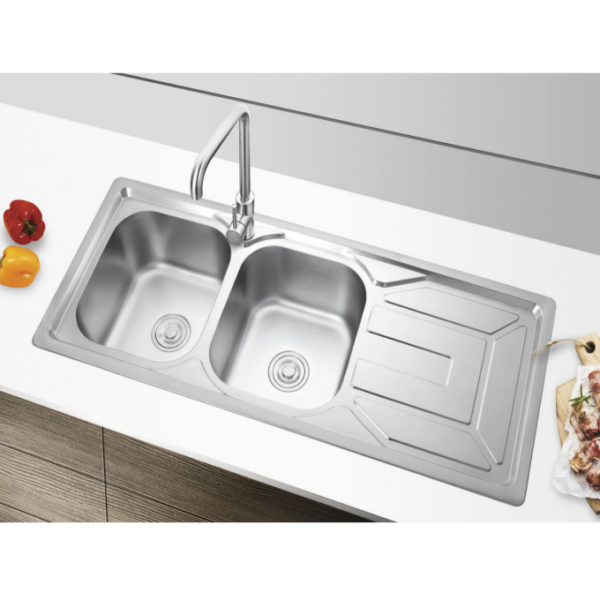 Rectangular Double Bowl Single Drain Stainless Steel Sink (Geometric Design - Drainage Kit Included)