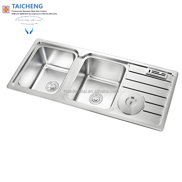 H0b973db9439f459f8611df038a07934cG Rectangular Double Bowl with Side Bin and Knife Holder (Drainage Kit Included)