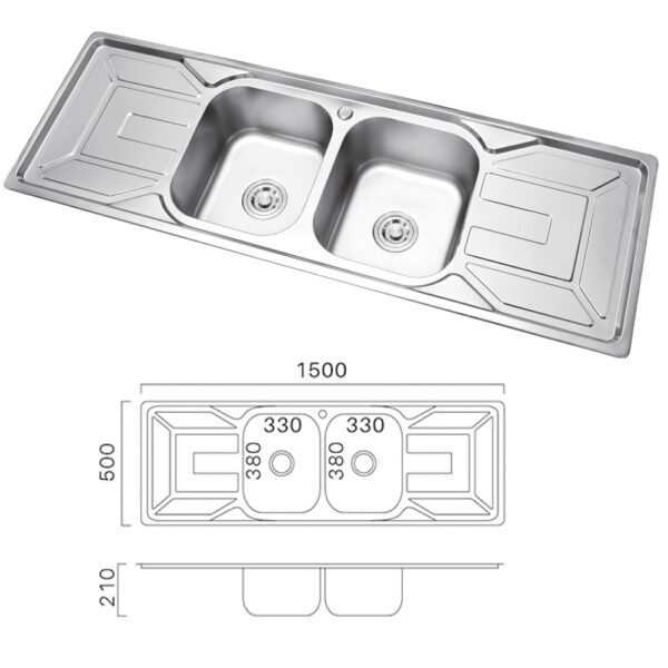 H0c3398da19ce4a2e859effd786f54ad44 Rectangular Double Bowl Double Drain Stainless Steel Sink (Geometric Design)