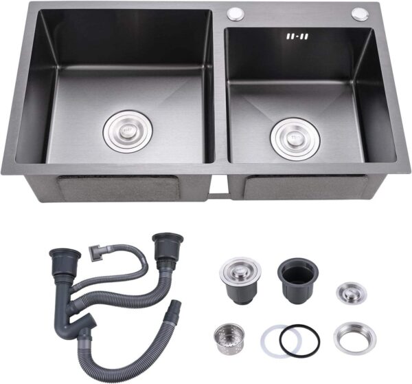 Black Rectangular Double Bowl Stainless Steel Sink (Drainage Kit & Rack Included)