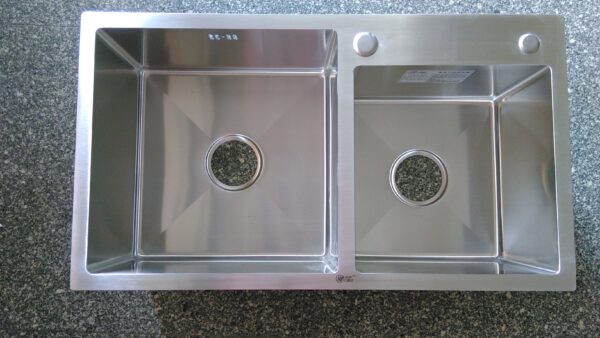 Rectangular Double Bowl with Accessory Slots and Drying Rack (Satin Stainless Finish)