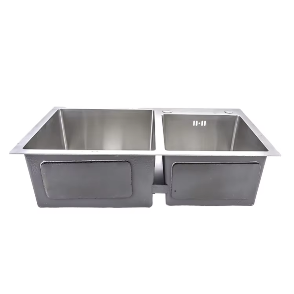 Rectangular Double Bowl with Accessory Slots and Drying Rack (Satin Stainless Finish)