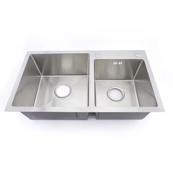 Rectangular Double Bowl with Accessory Slots and Drying Rack (Satin Stainless Finish)