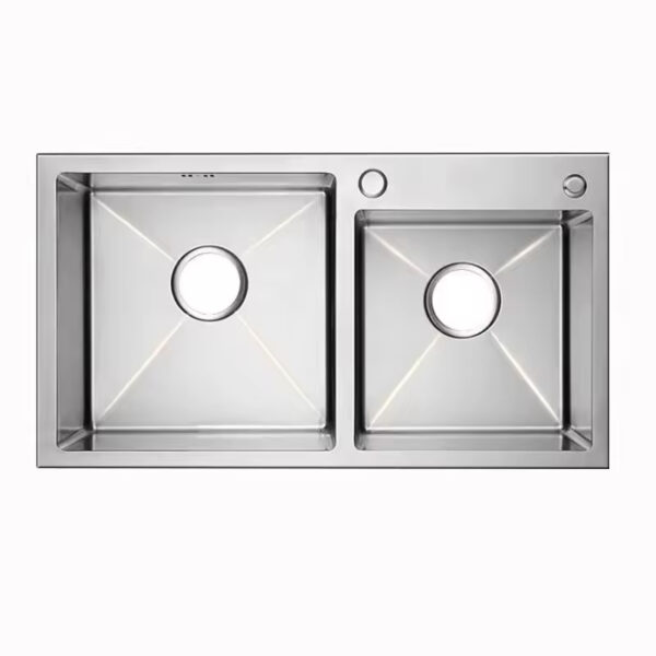 Rectangular Double Bowl with Accessory Slots and Drying Rack (Satin Stainless Finish)