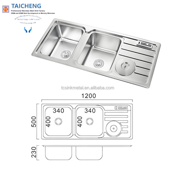 H7f8ebc312edb479991c38125151f73c0t Rectangular Double Bowl with Side Bin and Knife Holder (Drainage Kit Included)