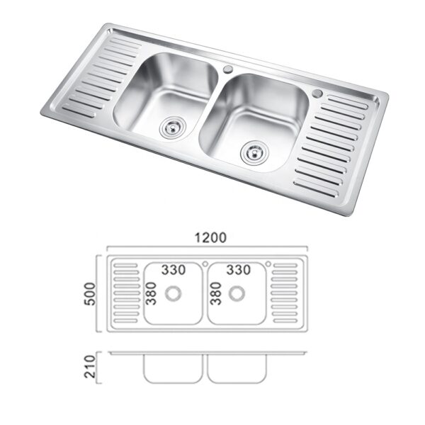 Rectangular Double Bowl Double Drain Stainless Steel Sink (Ribbed Design)