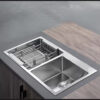 Rectangular Double Bowl with Accessory Slots and Drying Rack (Satin Stainless Finish)