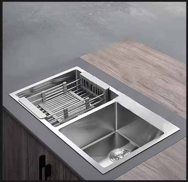 Rectangular Double Bowl with Accessory Slots and Drying Rack (Satin Stainless Finish)