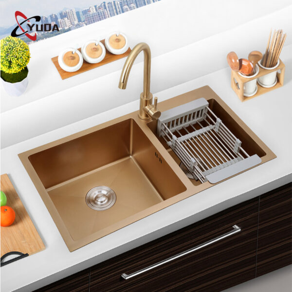 Ha44c247fee5f4fa2982f3d57843f8c93n Rectangular Double Bowl with Accessory Slots and Drying Rack (Gold Finish)