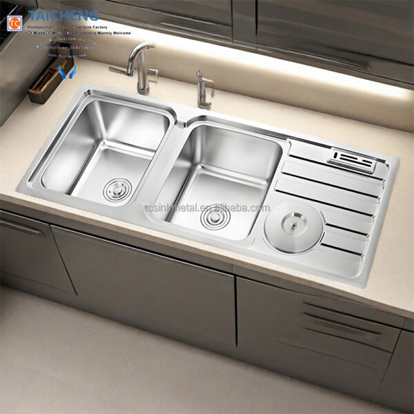 Hcbc30a3761b647f9b0678b0cb4beac40w Rectangular Double Bowl with Side Bin and Knife Holder (Drainage Kit Included)