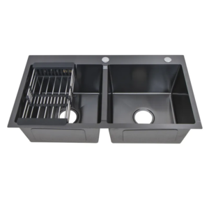 Black Rectangular Double Bowl Stainless Steel Sink (Drainage Kit & Rack Included)