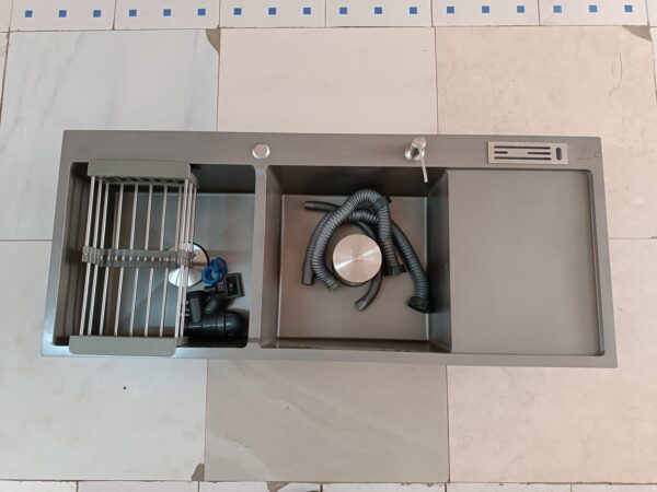 Rectangular Double Bowl Single Drain with Knife Holder, Soap Dispenser, and Drying Rack (Gun Grey Finish)