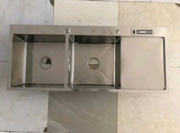 Rectangular Double Bowl with Knife Holder and Smooth Side Wing (Drainage Kit Included)