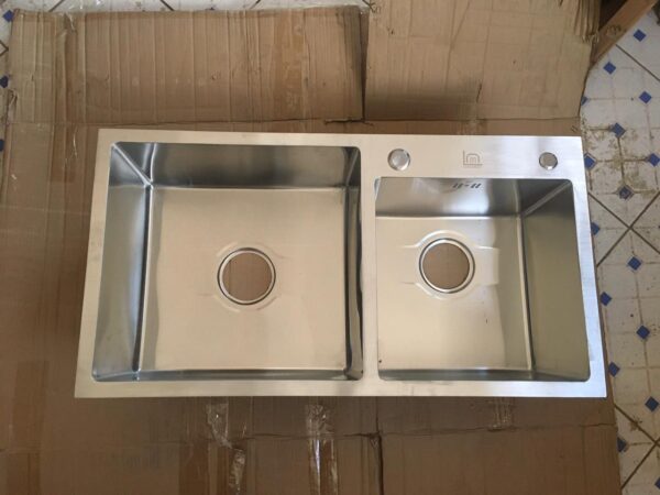 Rectangular Double Bowl with Accessory Slots and Drying Rack (Satin Stainless Finish)