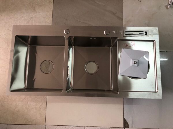 Rectangular Double Bowl with Side Bin, Knife Holder, and Soap Dispenser (Drainage Kit Included)