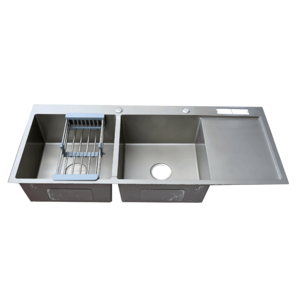 Rectangular Double Bowl Single Drain with Knife Holder, Soap Dispenser, and Drying Rack (Gun Grey Finish)