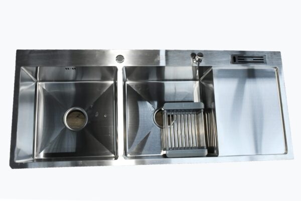 Rectangular Double Bowl with Knife Holder and Smooth Side Wing (Drainage Kit Included)