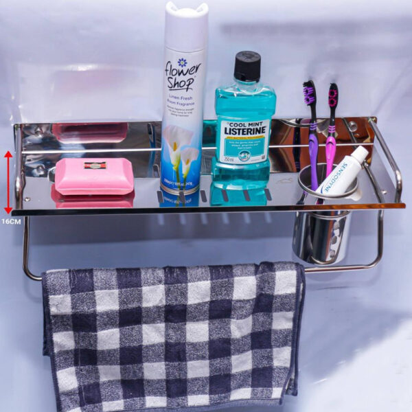 Multipurpose Wide Rectangle Shelf | 50 cm Stainless Steel Organizer with Towel Bar & Tumbler