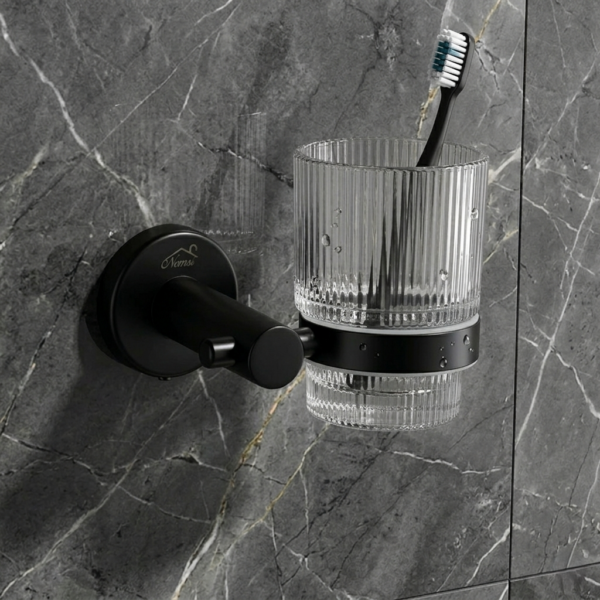 Matte Black Single Tumbler Holder | Contemporary Fluted Glass Vanity Caddy