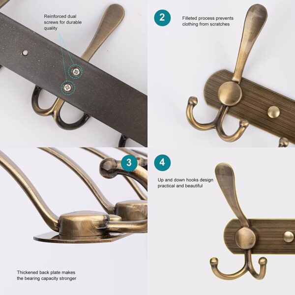 Antique Copper 3-Hook Rail | Double-Sided Heavy Duty Wall Hanger