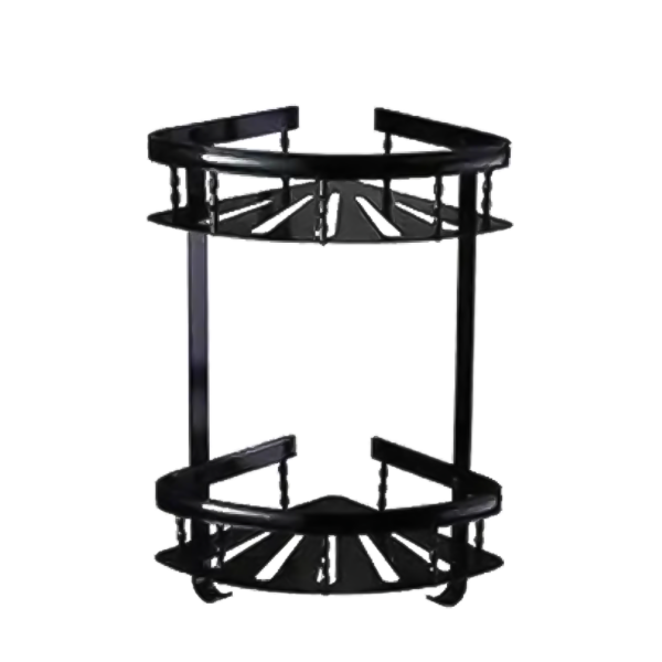 N169 ( High Density Double Corner Shelf – Black ) 7 Double Black Corner Shelf | 2-Tier High-Density Aluminum Wall-Mounted Rack