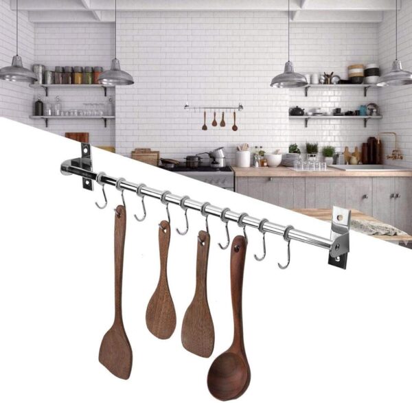 Kitchen Movable 8 Hooks Bar | Stainless Steel Sliding Utility Rail