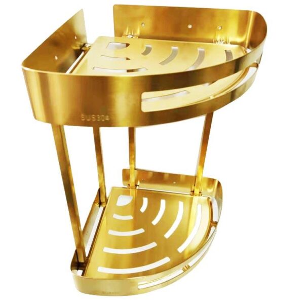 N291 – High Density Double Corner Shelf – Champagne Gold 6 Double Champagne Gold Corner Shelf | 2-Tier High-Density Aluminum Shower Organizer