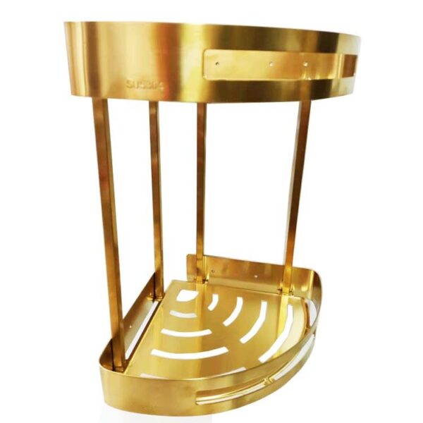 N291 – High Density Double Corner Shelf – Champagne Gold 7 Double Champagne Gold Corner Shelf | 2-Tier High-Density Aluminum Shower Organizer