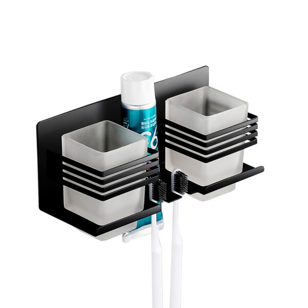 Premium SS304 Double Tumbler & Toothbrush Holder | Dual-Glass Matte Black Organizer