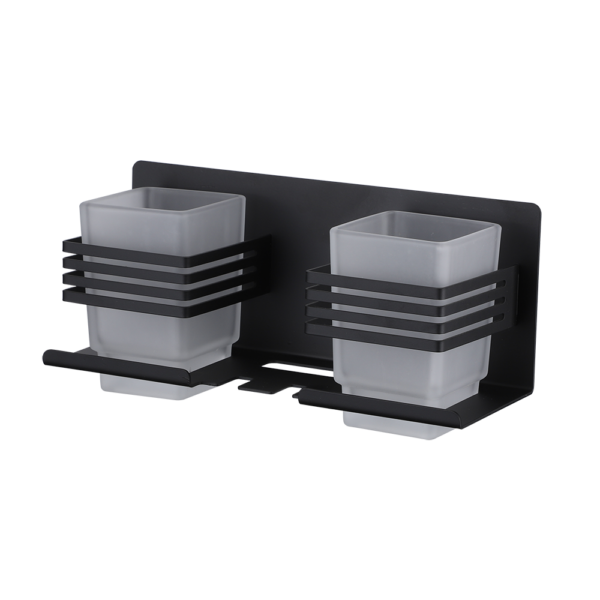Premium SS304 Double Tumbler & Toothbrush Holder | Dual-Glass Matte Black Organizer