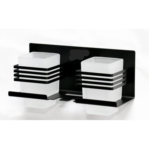 Premium SS304 Double Tumbler & Toothbrush Holder | Dual-Glass Matte Black Organizer