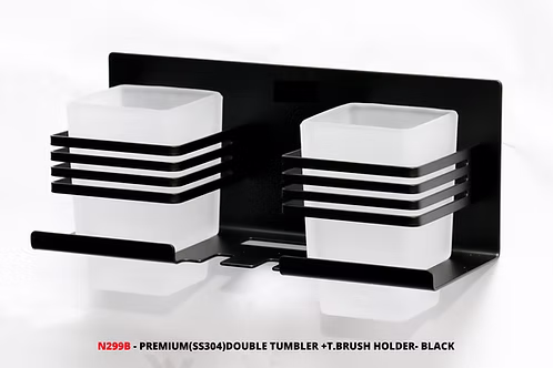 Premium SS304 Double Tumbler & Toothbrush Holder | Dual-Glass Matte Black Organizer
