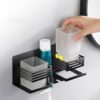 Premium SS304 Double Tumbler & Toothbrush Holder | Dual-Glass Matte Black Organizer