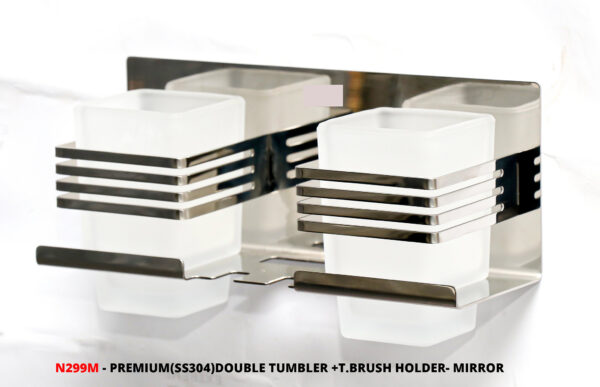 Premium SS304 Double Tumbler & Toothbrush Holder | Dual-Glass Mirror Finish Organizer