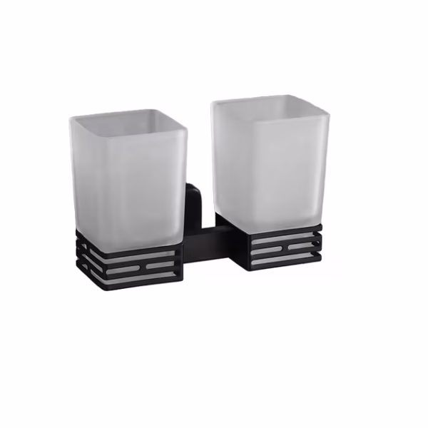 Matte Black Double Square Tumbler Holder | Dual Frosted Glass Modern Vanity Caddy