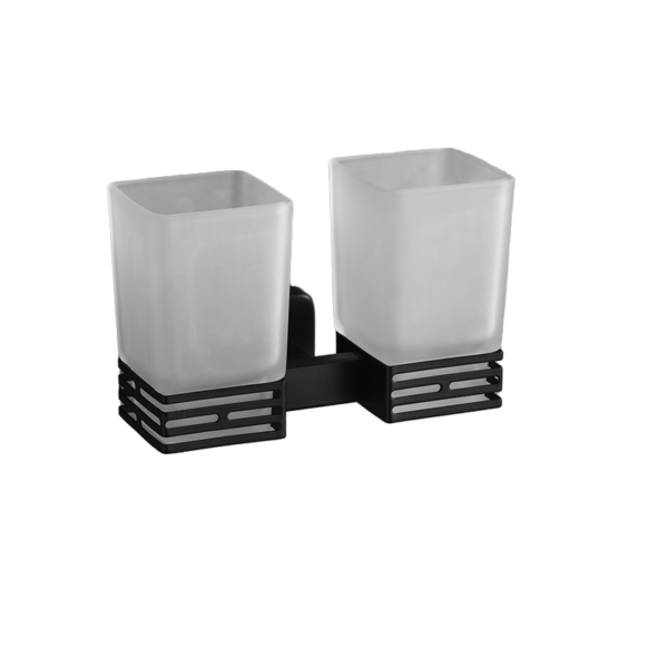 Matte Black Double Square Tumbler Holder | Dual Frosted Glass Modern Vanity Caddy