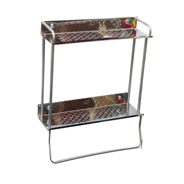 N005 ( BY 150 Double Rectangle Shelf 40 cm with Towel Bar ) BY 150 Double Rectangle Shelf | 40 cm Stainless Steel Two-Tier Organizer with Towel Bar