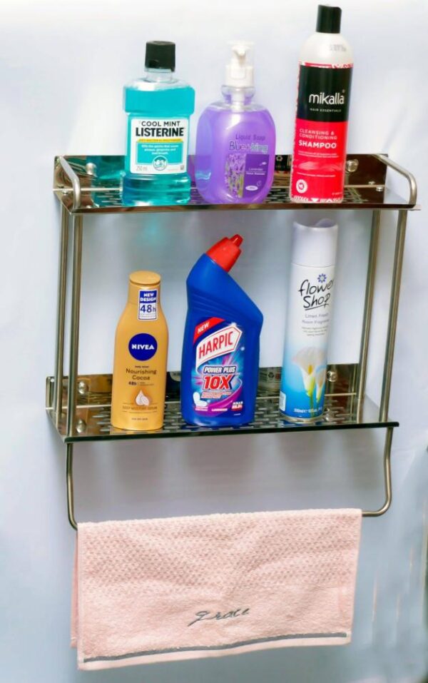 N005 ( BY 150 Double Rectangle Shelf 40 cm with Towel Bar ) 2 BY 150 Double Rectangle Shelf | 40 cm Stainless Steel Two-Tier Organizer with Towel Bar