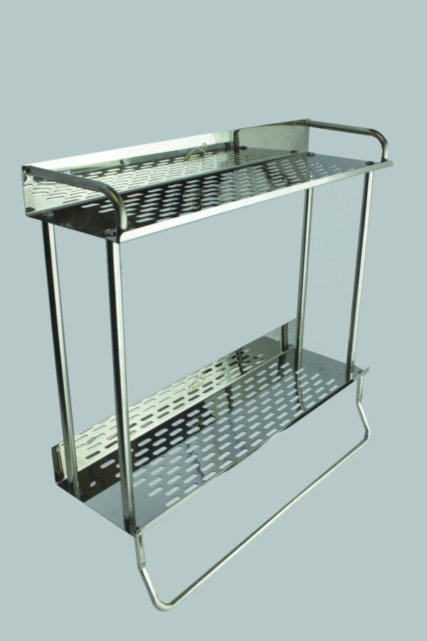N005 ( BY 150 Double Rectangle Shelf 40 cm with Towel Bar ) 3 BY 150 Double Rectangle Shelf | 40 cm Stainless Steel Two-Tier Organizer with Towel Bar