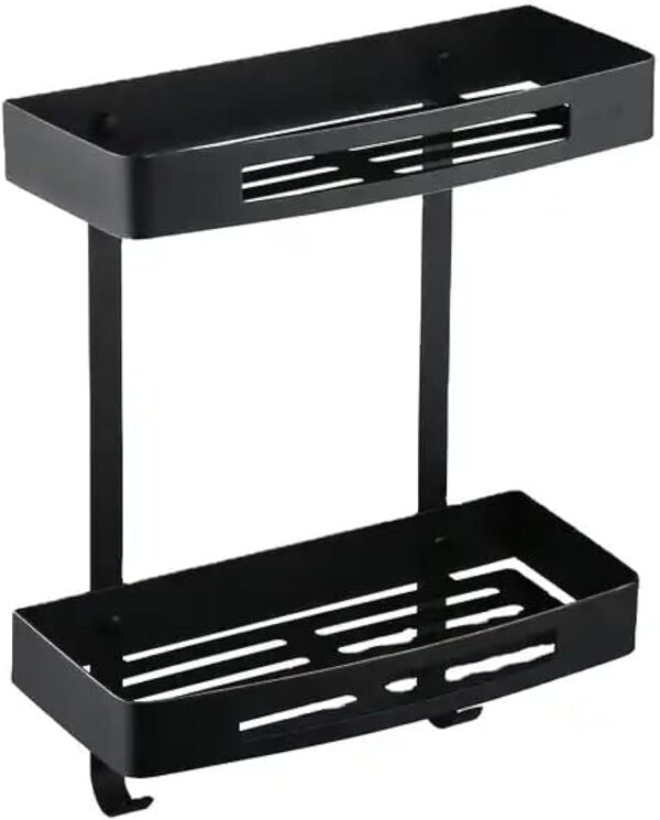 N012B – Double Rectangle Shelf with Hooks, BlACK – 30cm 3 SS304 Double Rectangle Shelf | 30 cm Matte Black Two-Tier Rack with Hooks