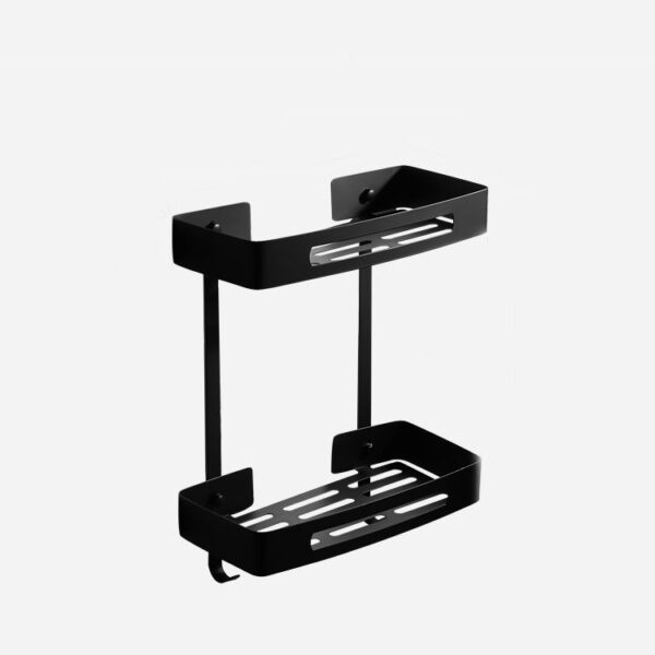 N012B – Double Rectangle Shelf with Hooks, BlACK – 30cm 4 SS304 Double Rectangle Shelf | 30 cm Matte Black Two-Tier Rack with Hooks