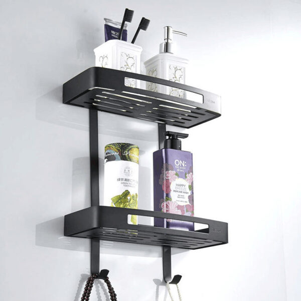 N012B – Double Rectangle Shelf with Hooks, BlACK – 30cm 7 SS304 Double Rectangle Shelf | 30 cm Matte Black Two-Tier Rack with Hooks