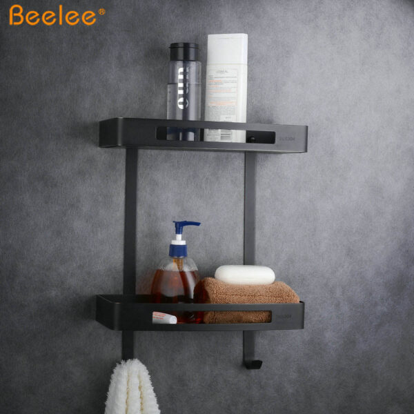 N012B – Double Rectangle Shelf with Hooks, BlACK – 30cm 9 SS304 Double Rectangle Shelf | 30 cm Matte Black Two-Tier Rack with Hooks
